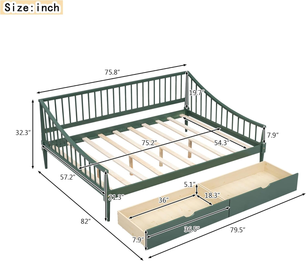 Green Full Size Daybed with Two Drawers Solid Wood Storage Bed Frame G2208