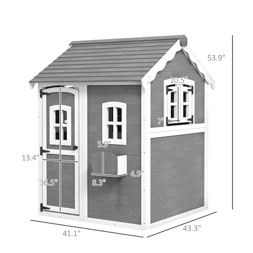 Gray Wooden Playhouse with Floor, Door, Windows & Planter Box F3061