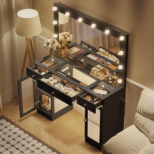 White Glass Top Vanity Desk with Large Mirror and Lights Z44470