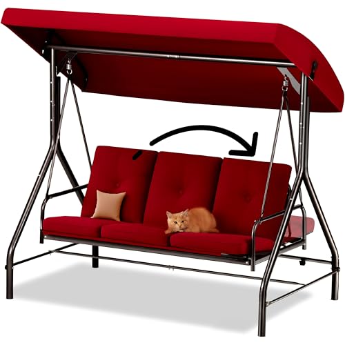 Burgundy 3-Seat Patio Outdoor Swing with Canopy Y992904