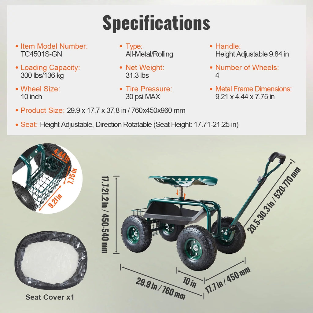 Garden Cart Rolling Workseat with Wheels, 360 Degree Swivel Seat, Steering Handle & Utility Tool Tray Y6931