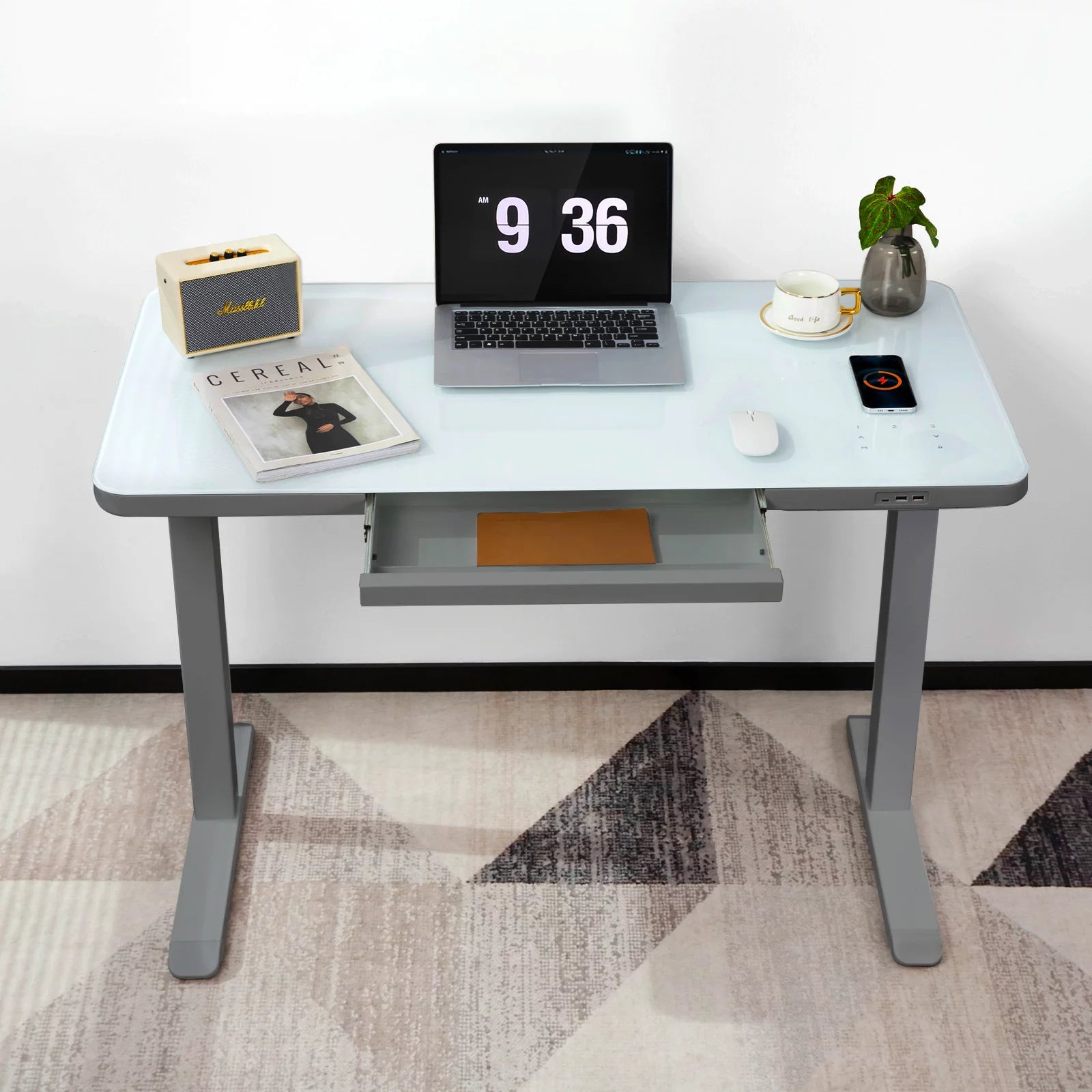 Gray Dual Motor Height Adjustable Desk with Drawer and Tempered Glass Top G69977
