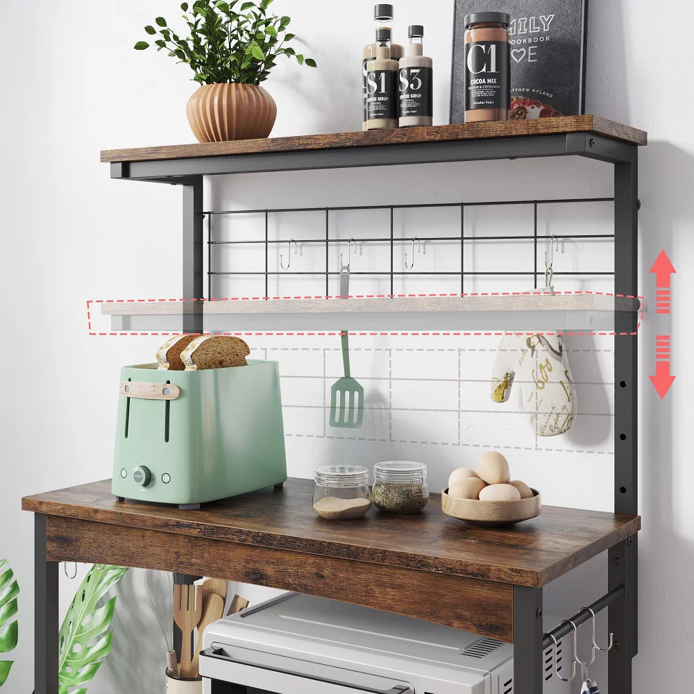 3-Tier Baker's Rack with Cabinet, Kitchen Storage Shelves, Microwave Oven Stand, Coffee Bar with Hooks in Rustic G17349