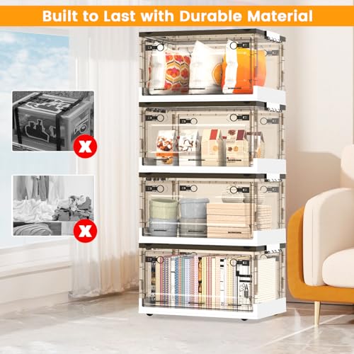 50QT Foldable Stackable Clear Plastic Storage Bins with Lids and Wheels F6651