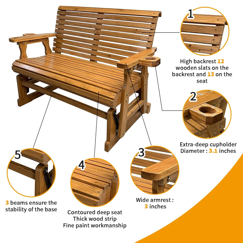 Brown Solid Fir Wood Patio Glider with Cupholders Z5768