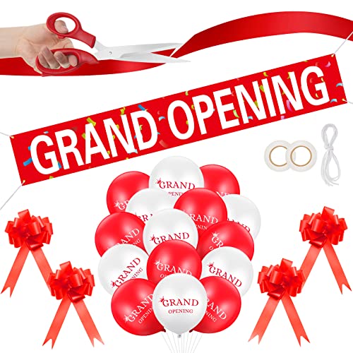 Red Grand Opening Ribbon Cutting Ceremony Kit with 10'' Scissors 40 Pcs Balloons Satin Ribbon Bows J59622