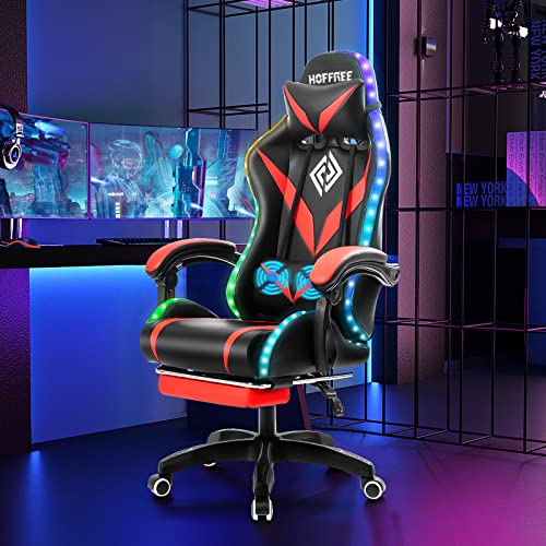 Blue and White Ergonomic Gaming Chair with Massage, LED Lights, Footrest, High Back, Reclining, Adjustable Lumbar Support B4781