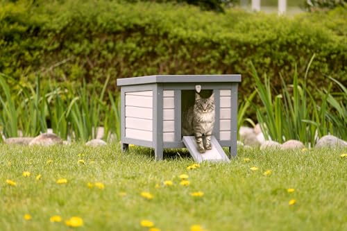 Gray & White Fir Wood Outdoor Cat House with Raised Floor and Hinged Asphalt Roof C528