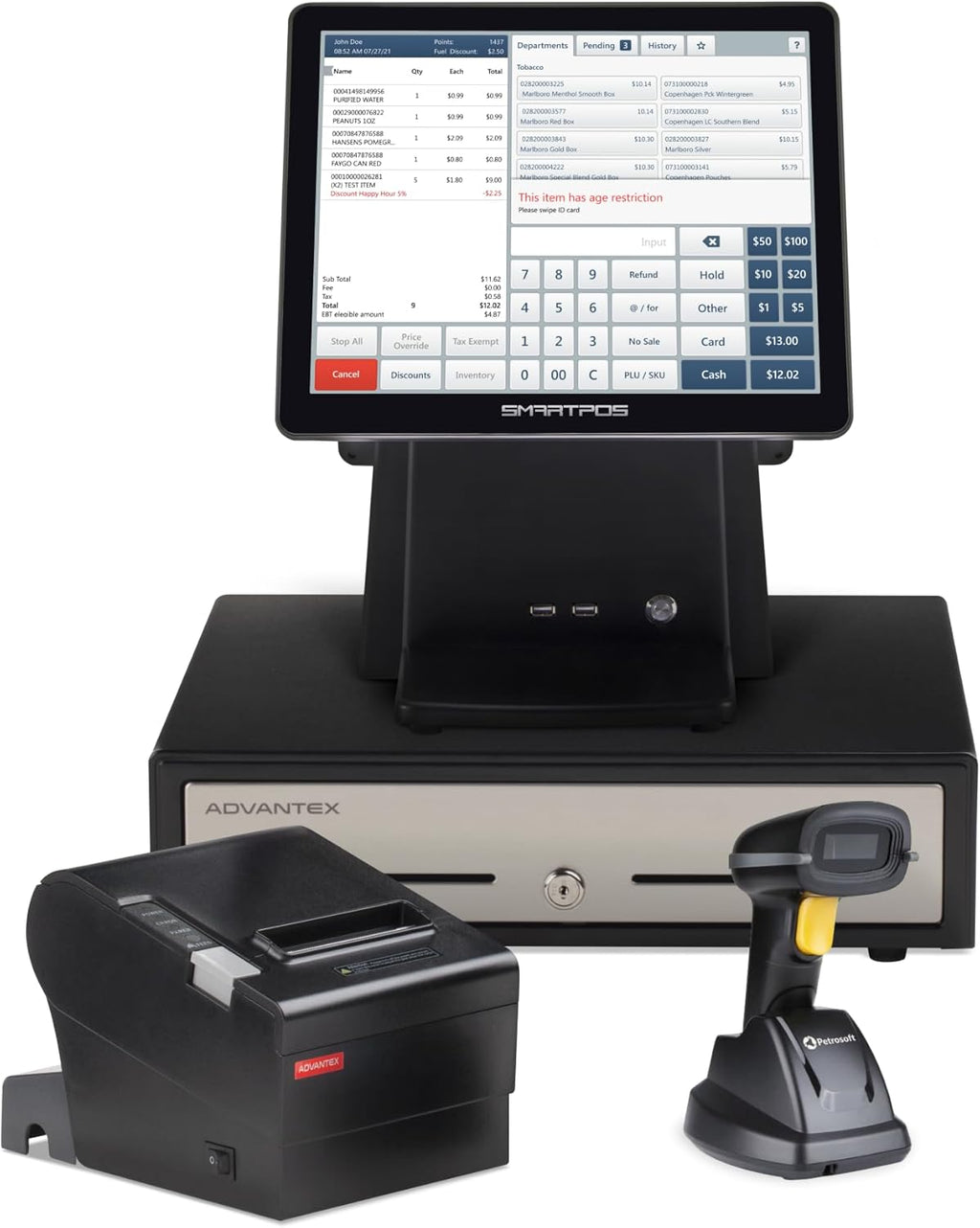 SmartPOS Cash Register POS System Bundle with Touch Screen Monitor, Customer-Facing Display, Cash Drawer, Wireless Scanner, Thermal Printer Y818494
