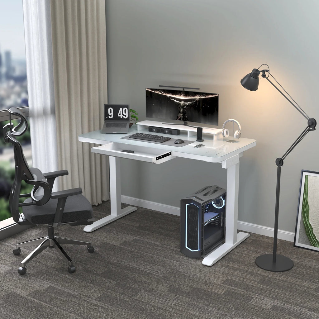 White Electric Glass Standing Desk with Drawers J703