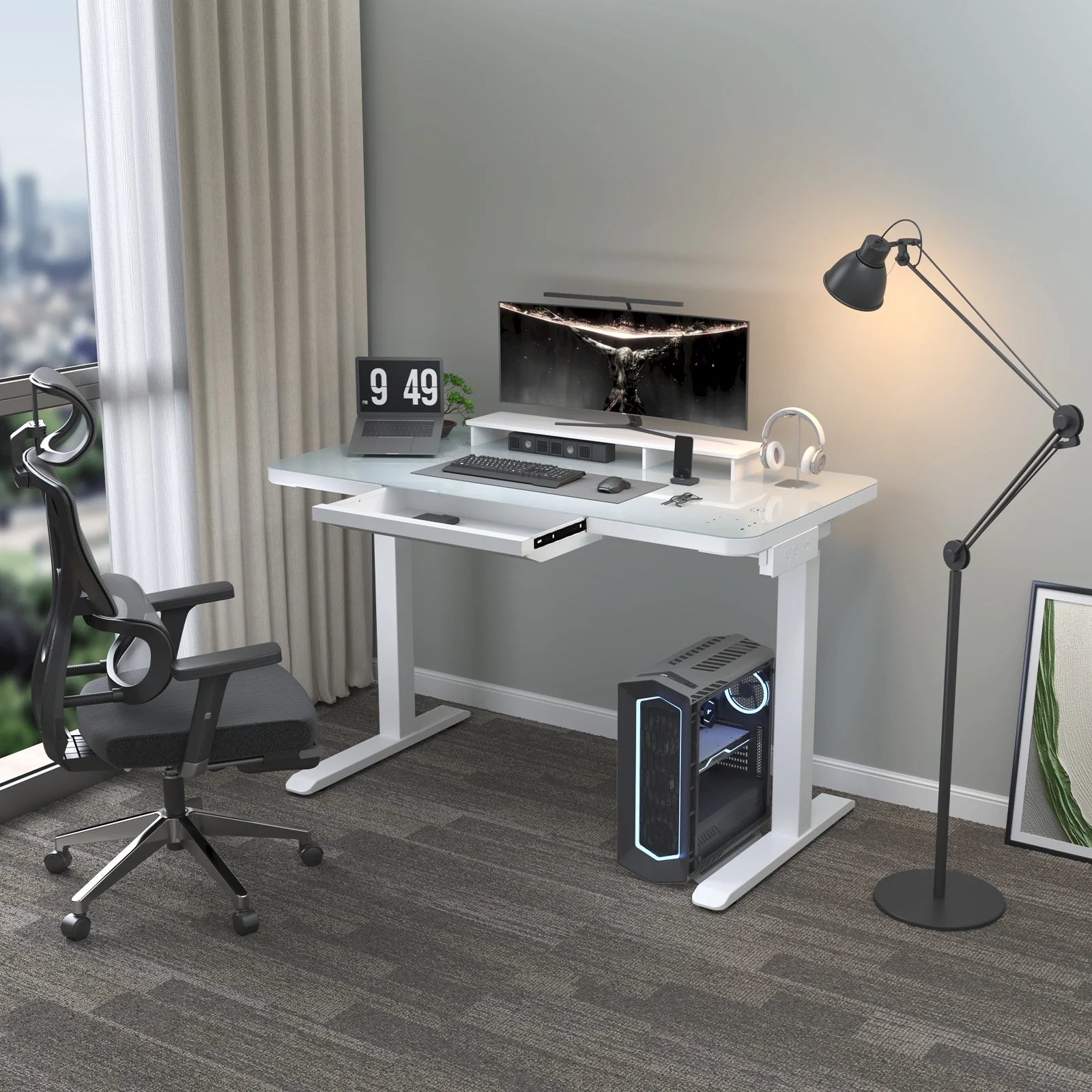 White Electric Glass Standing Desk with Drawers J703