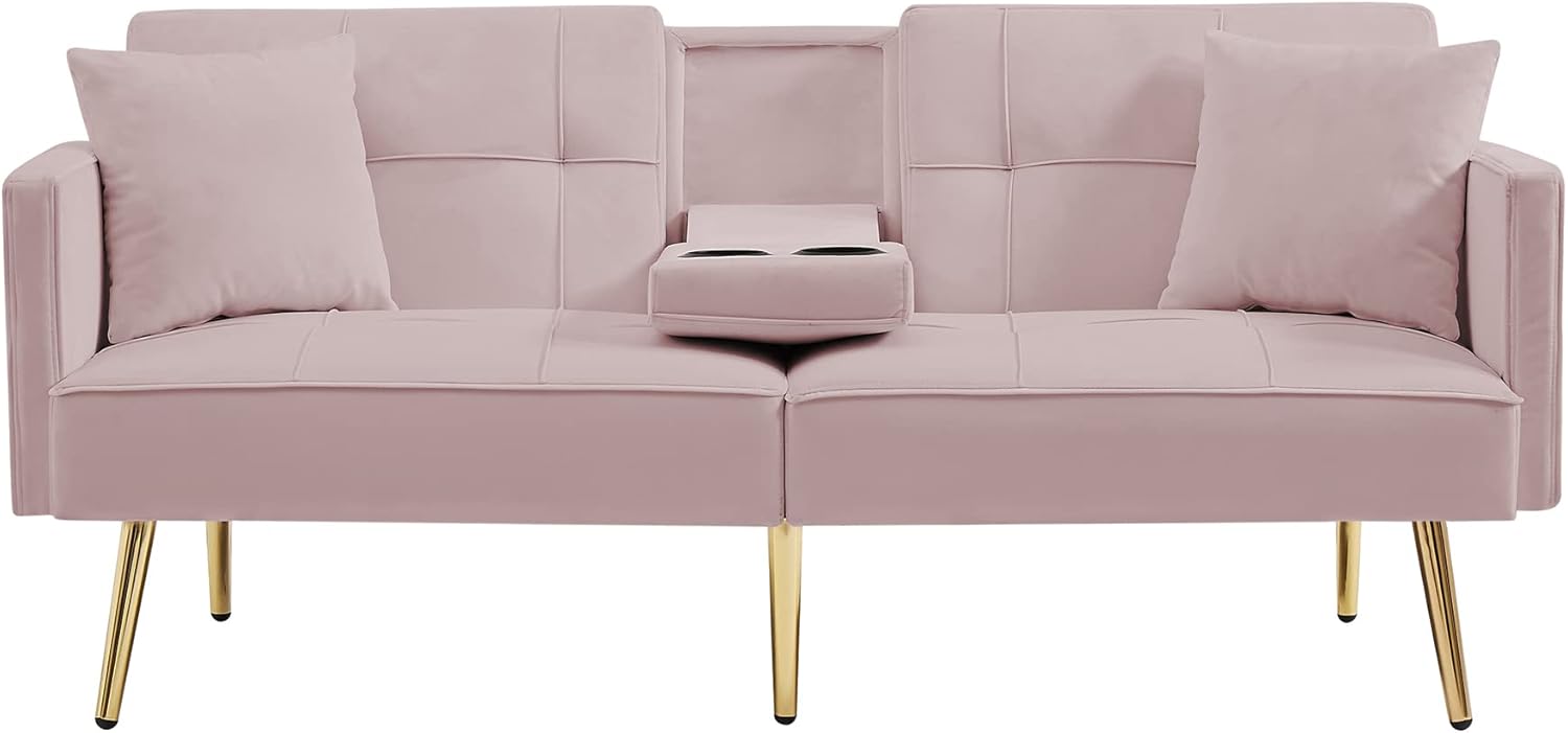 Pink Velvet Convertible Futon Loveseat Sofa Bed with 2 Cup Holders Y10250