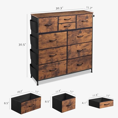 Rustic Brown 10 Drawer Fabric Dresser with Metal Frame V292