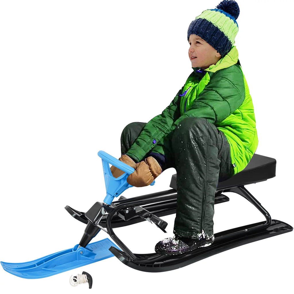 Blue Snow Racer Sled with Steering Wheel, Twin Brakes, Durable Steel Frame E51789