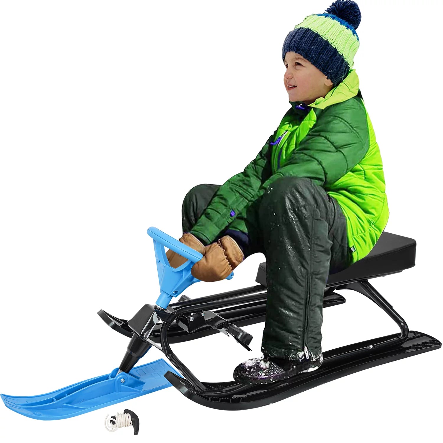 Blue Snow Racer Sled with Steering Wheel, Twin Brakes, Durable Steel Frame E51789