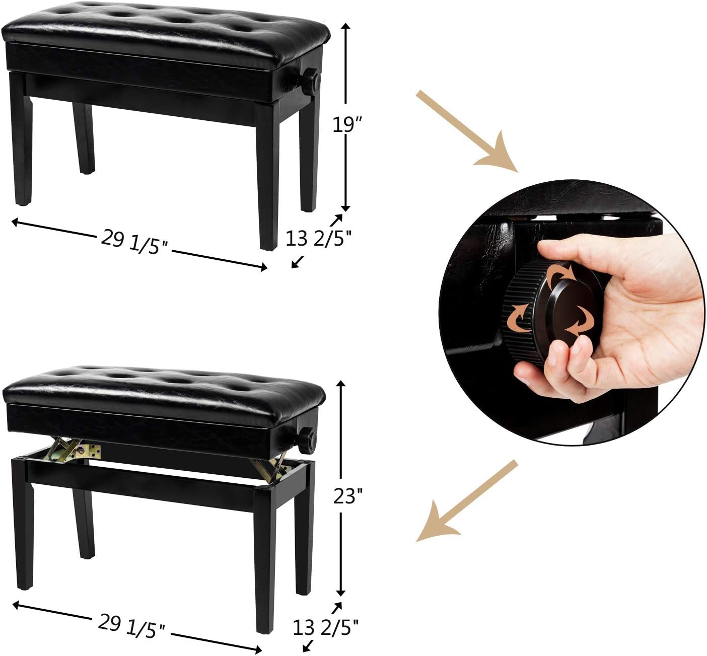 Black Faux Leather Adjustable Piano Bench with Storage C541