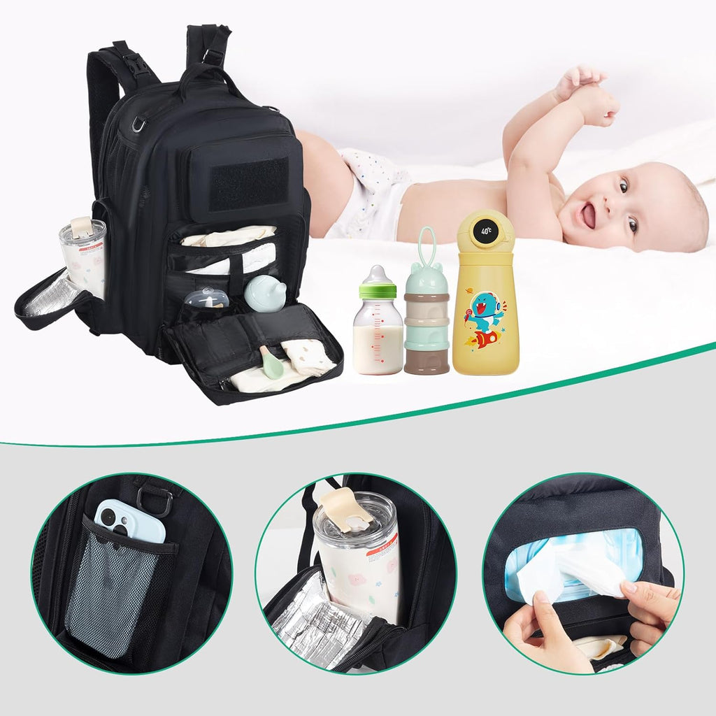 Black Expandable Military Diaper Bag Backpack with Changing Pad O4605