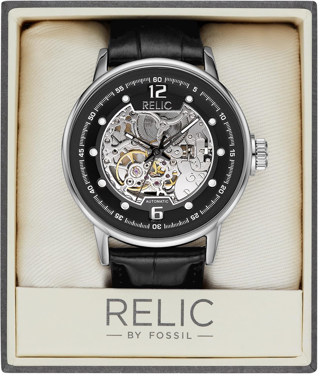 Silver Stainless Steel and Black Leather Band Automatic Watch E62894