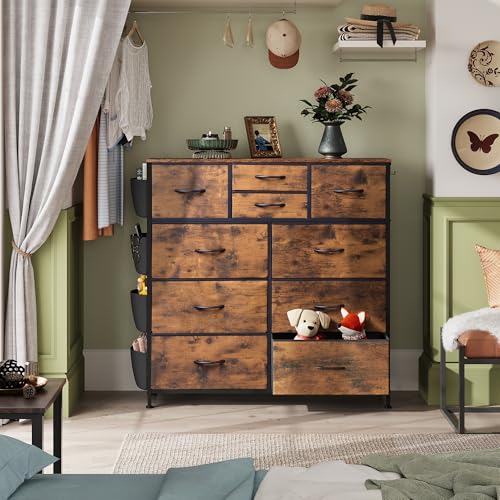 Rustic Brown 10 Drawer Fabric Dresser with Metal Frame V292