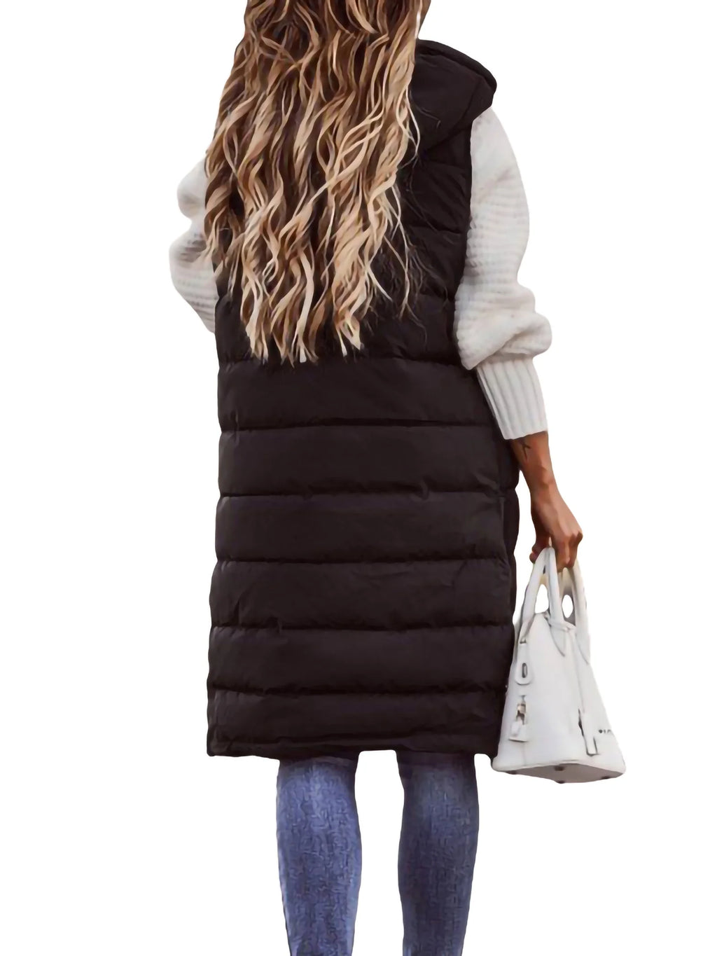 Black Hooded Long Padded Quilted Vest V98593