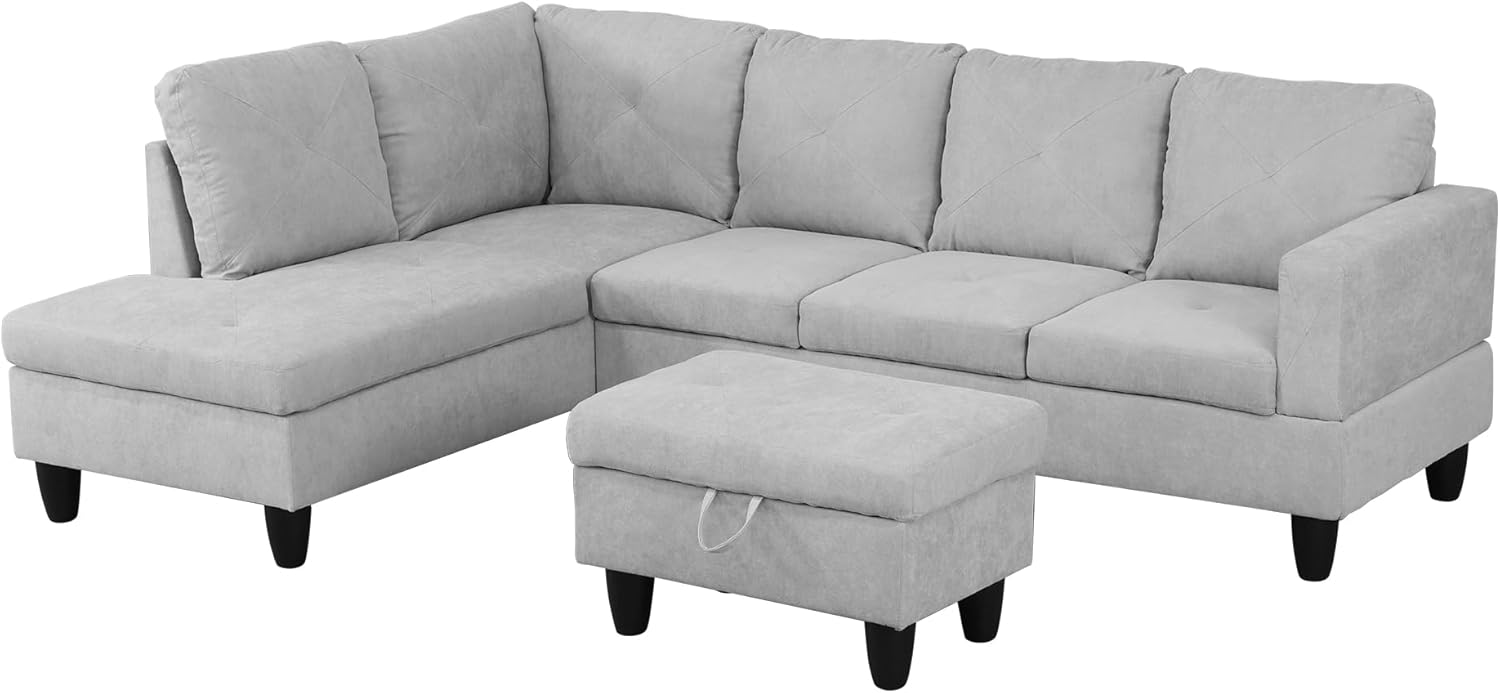 97" L-Shaped Corner Sofa with Left Chaise & Movable Storage Ottoman, 6 Seat Flannelette Fabric Sectional Couch, Wood Legs & Frame Q8228