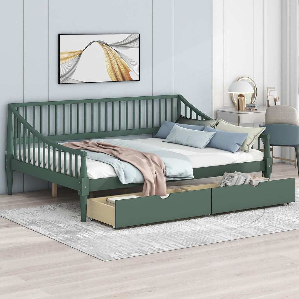 Green Full Size Daybed with Two Drawers Solid Wood Storage Bed Frame G2208