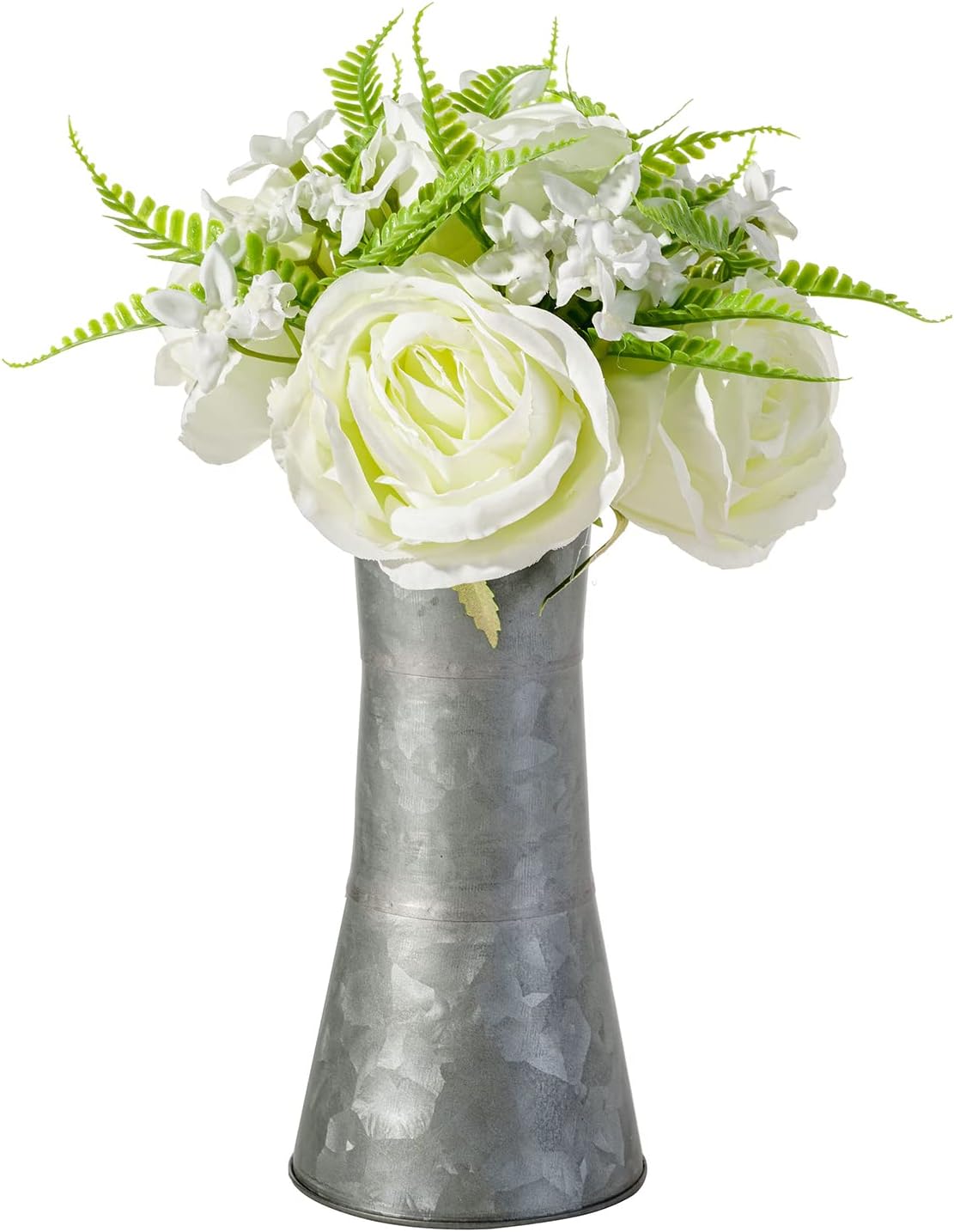 8 Inch Galvanized Metal Decorative Flower Vase with Faux Floral Bouquet, Artificial White Roses V832