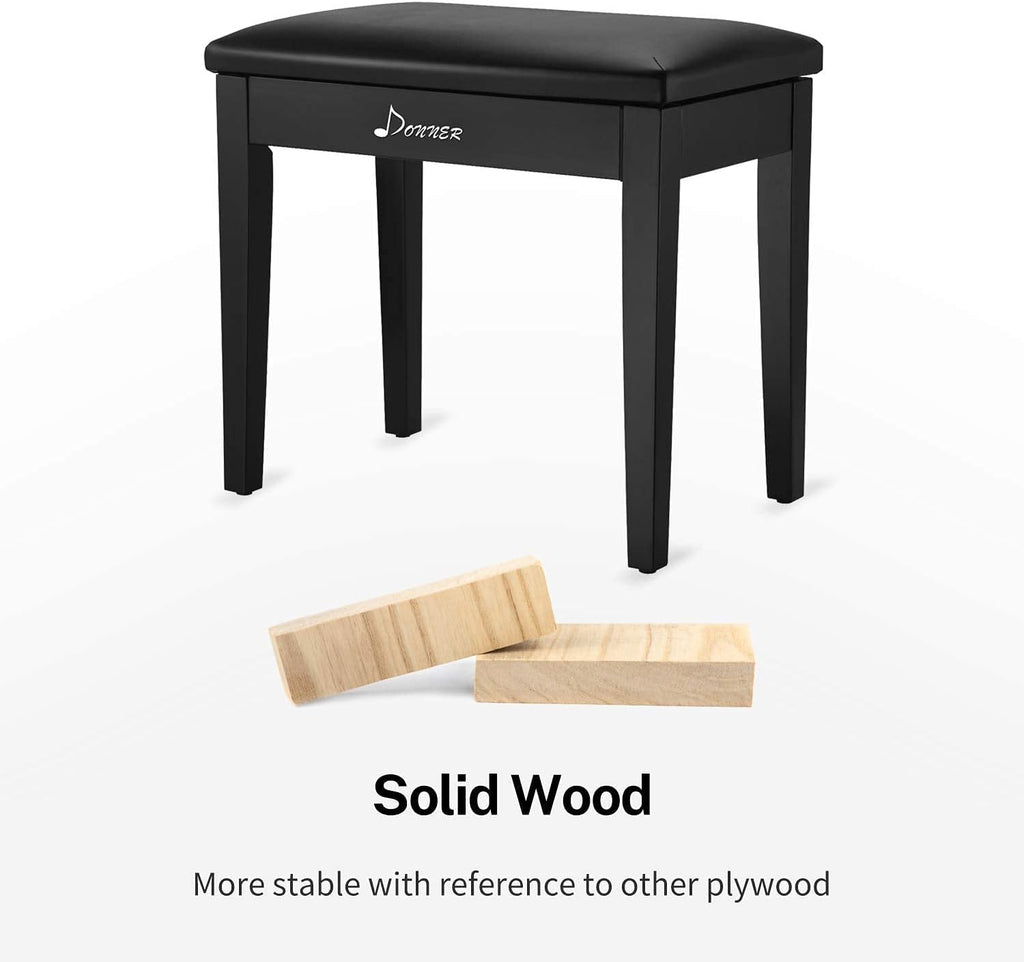 Black Solid Wood Piano Bench with Storage P895345