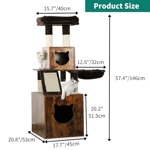 Brown Wooden Cat Tree with Litter Box Enclosure Q776
