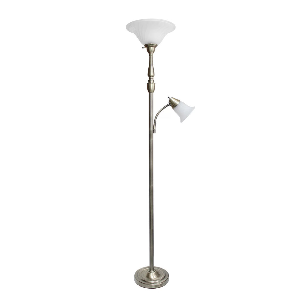 2 Light Torchiere Floor Lamp with White Marble Glass, Brushed Nickel G15322