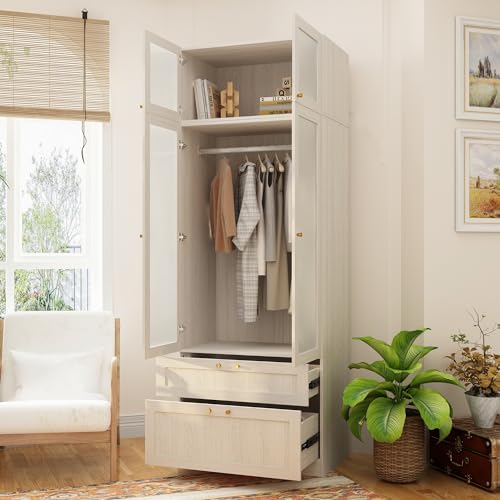 Large Wooden Wardrobe Cabinet with Frosted Glass Doors and 2 Drawer N47316