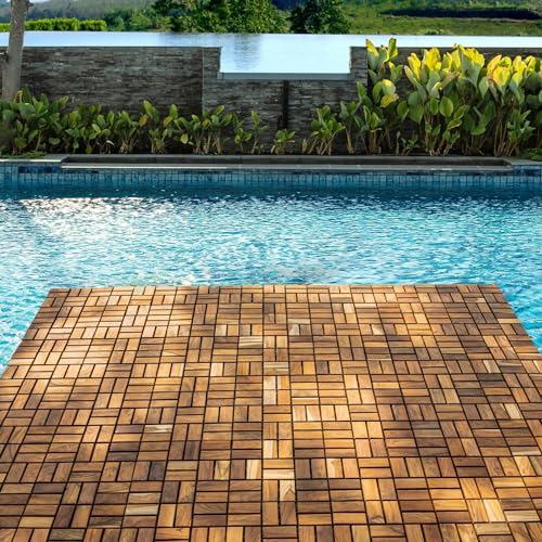 Teak Interlocking Tiles Wooden Floor Tile Set 10 Square Feet 12" x 12" 9 Slat Design Oiled Finish T619720