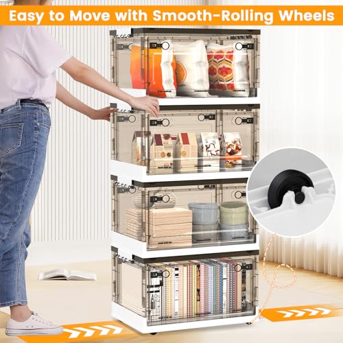 50QT Foldable Stackable Clear Plastic Storage Bins with Lids and Wheels F6651