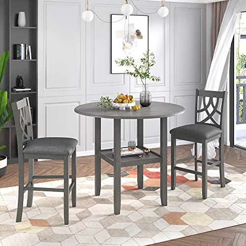 3 Piece Round Drop Leaf Counter Height Dining Table and Chairs Set with Storage Shelf T52721