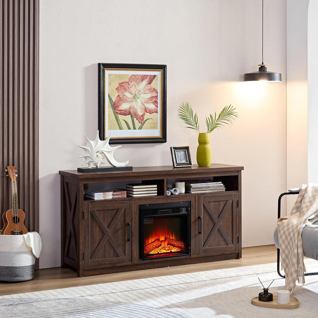 Farmhouse TV Media Stand with Fireplace Insert, Espresso I298258