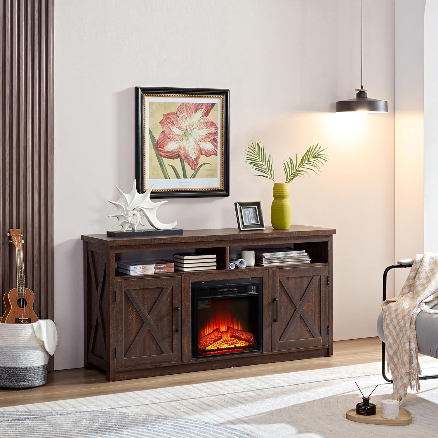 Farmhouse TV Media Stand with Fireplace Insert, Espresso I298258