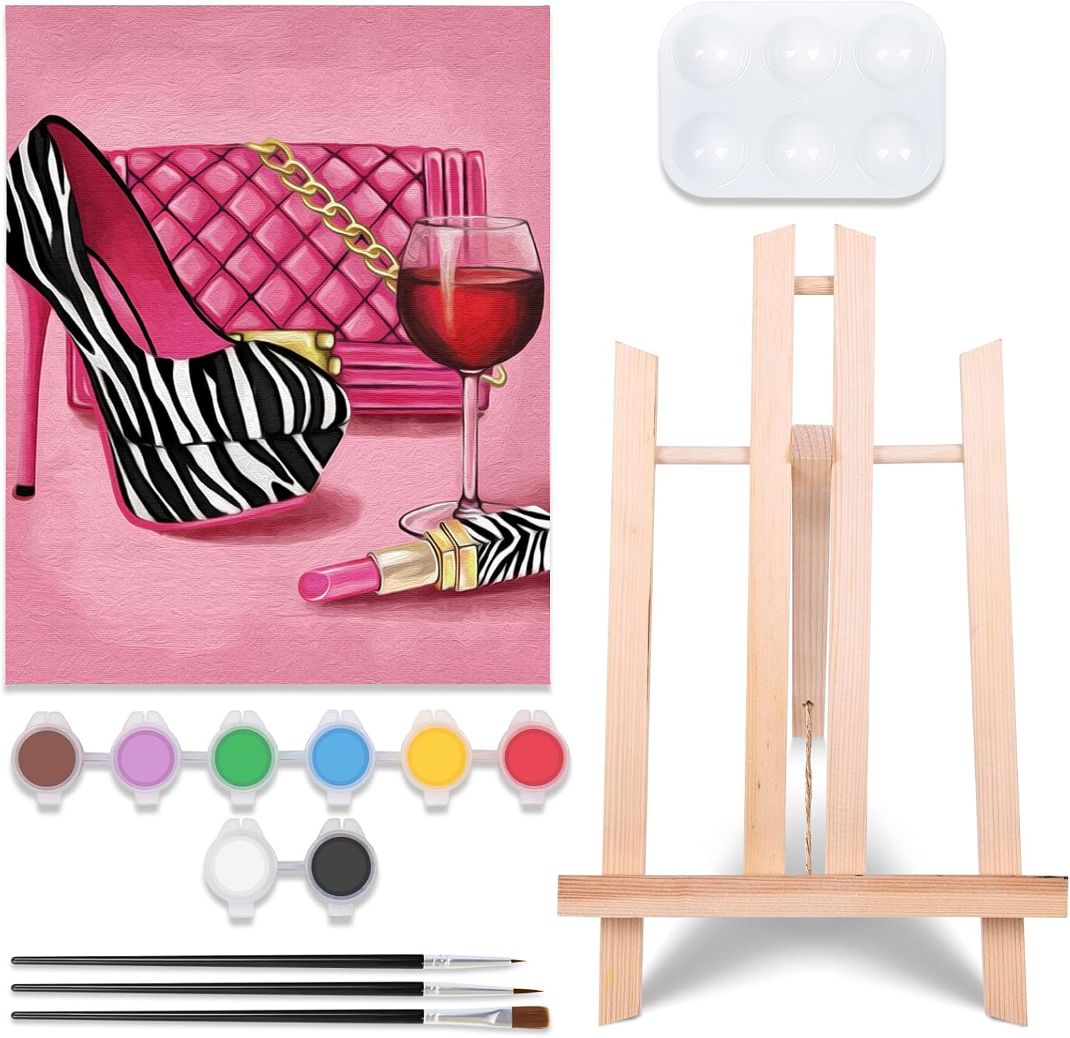 Pre Drawn Canvas Painting Kit with 1 Easel, 8 Acrylic Colors, 3 Brush, 1 Pallet (8x10) E460209