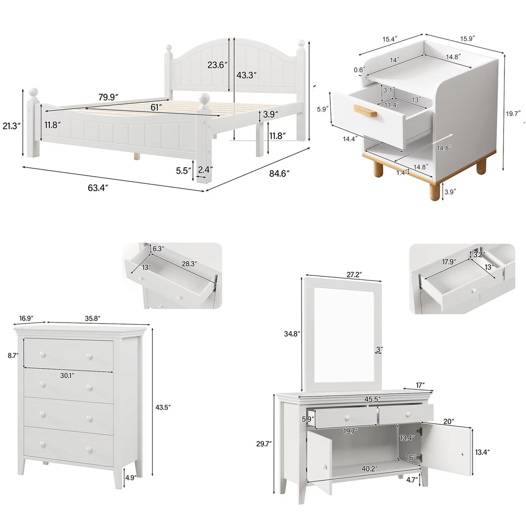 Queen Size Solid Wood Platform Bed with Headboard and Footboard White P3741