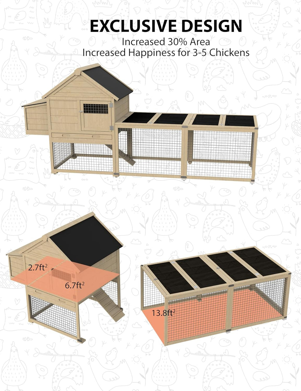 Wooden Chicken Coop with Run and Waterproof Roof G517