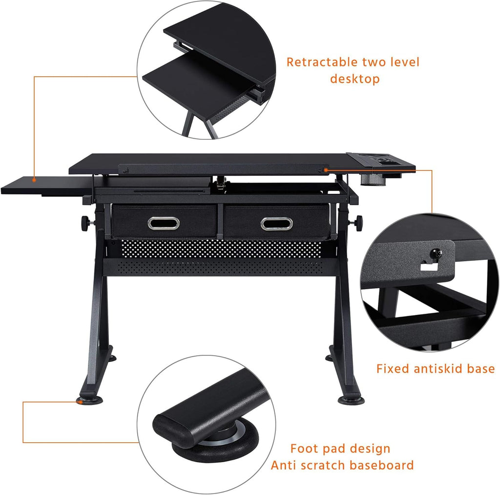 Height Adjustable Drafting Desk with Tiltable Tabletop and 2 Storage Drawers Y68050