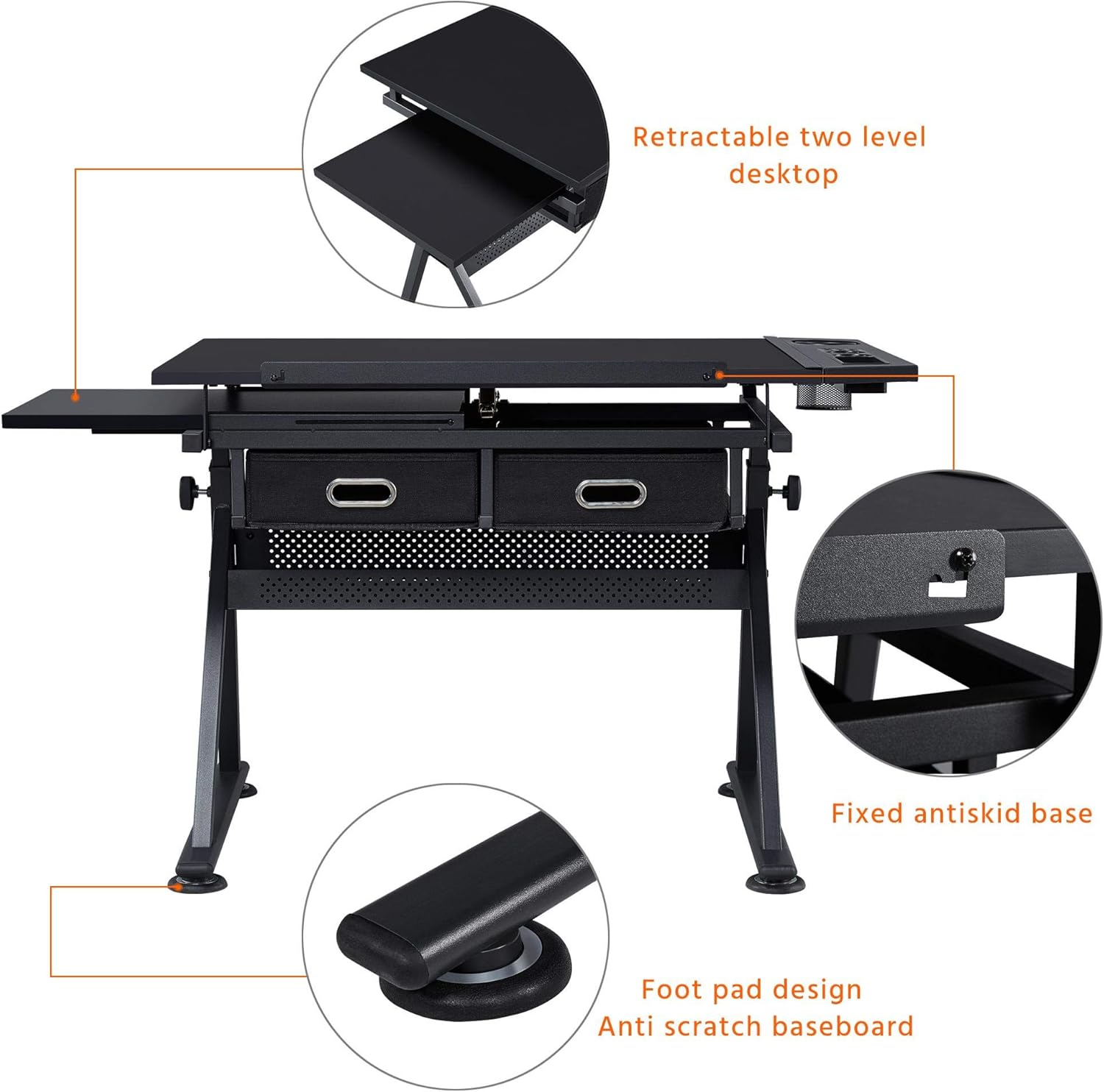 Height Adjustable Drafting Desk with Tiltable Tabletop and 2 Storage Drawers Y68050
