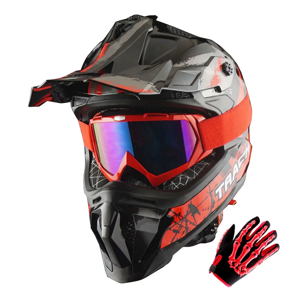 Track Red Motocross Helmet with Goggles and Glove Bundle G3578