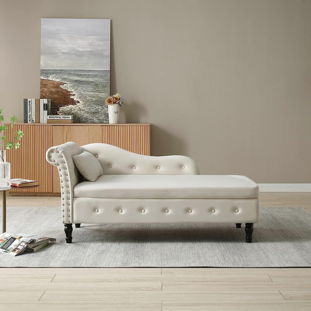 Beige Velvet Upholstered Chaise Lounge Chair with Storage and Pillow T801694