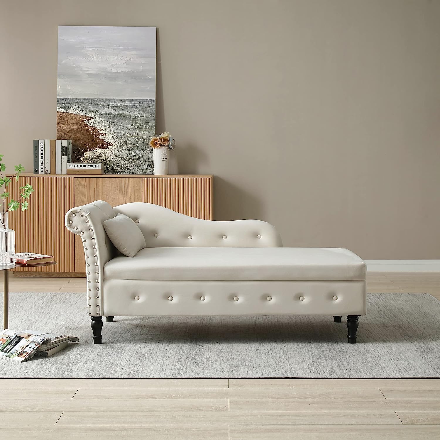 Beige Velvet Upholstered Chaise Lounge Chair with Storage and Pillow T801694