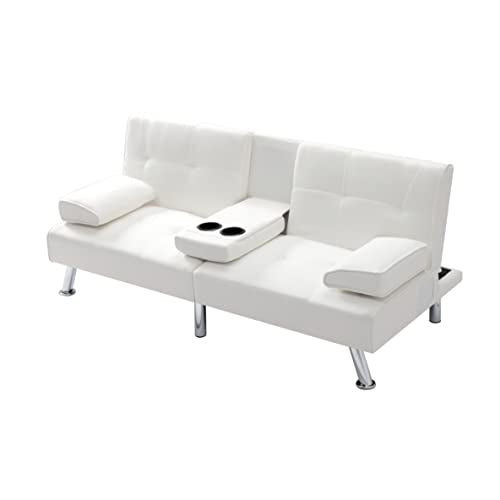 Beige Synthetic Leather Convertible Folding Sofa Bed with Metal Legs Q552