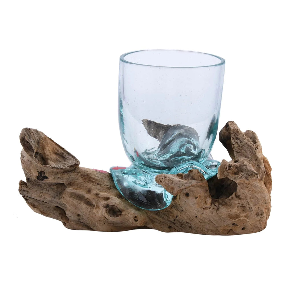 Handblown Molten Drinking Glass with Wood Base Z7206