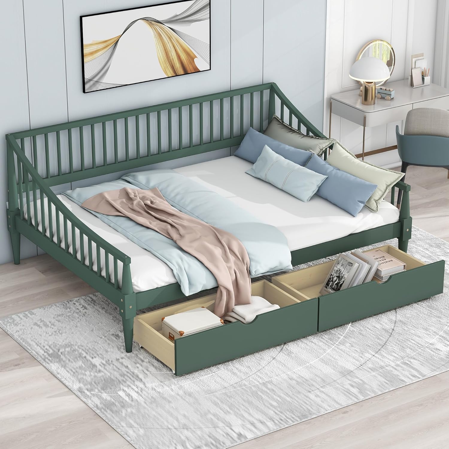 Green Full Size Daybed with Two Drawers Solid Wood Storage Bed Frame G2208