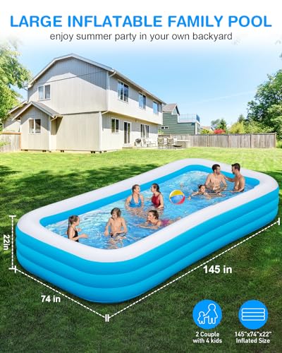 Large Inflatable Pool, 145" X 74" X 22" Oversized Thickened Blow Up Pool V90120