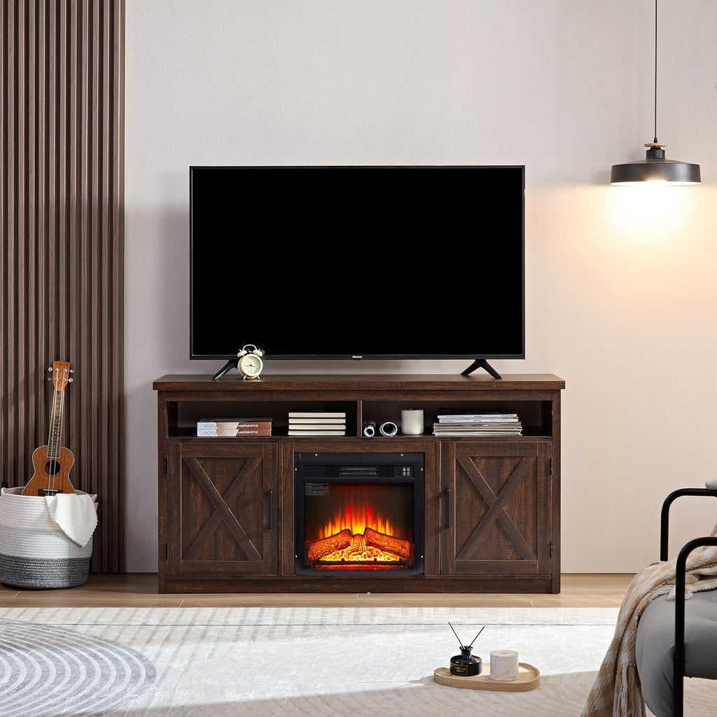 Farmhouse TV Media Stand with Fireplace Insert, Espresso I298258