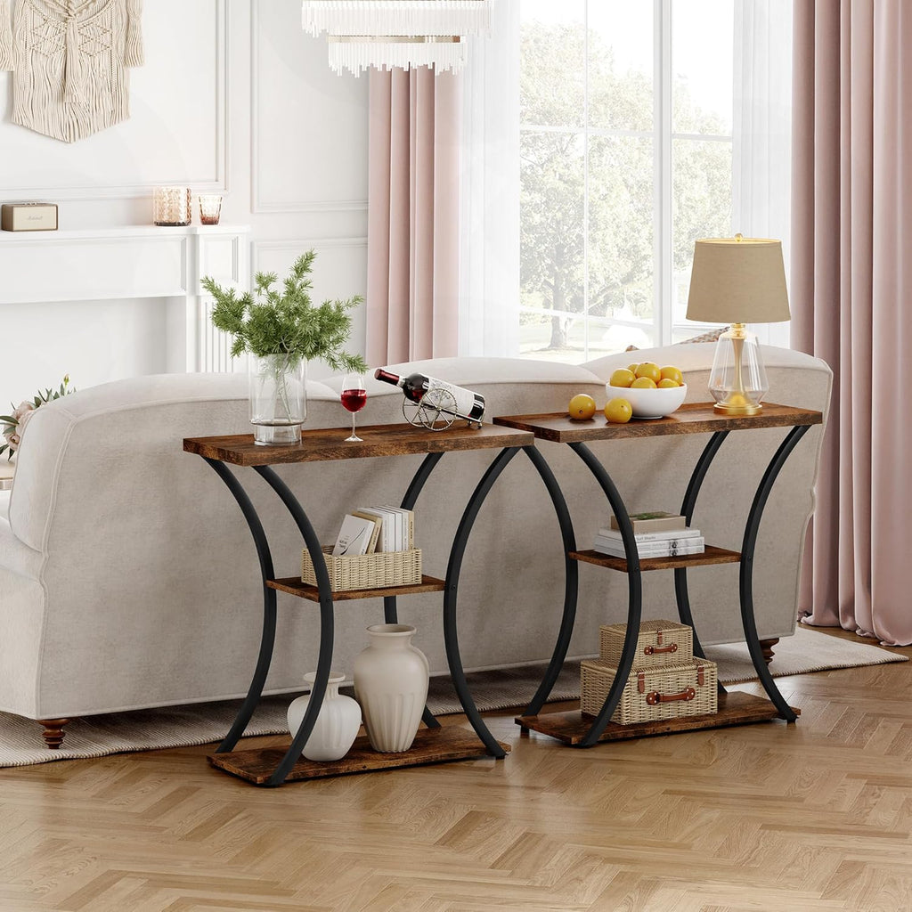 Rustic Brown+Black 3 Tier Console Table with Open Wood Shelves O949